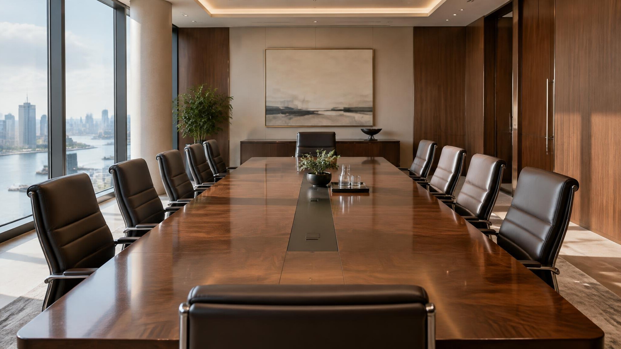 Elegant boardroom with a long wooden table and leather chairs