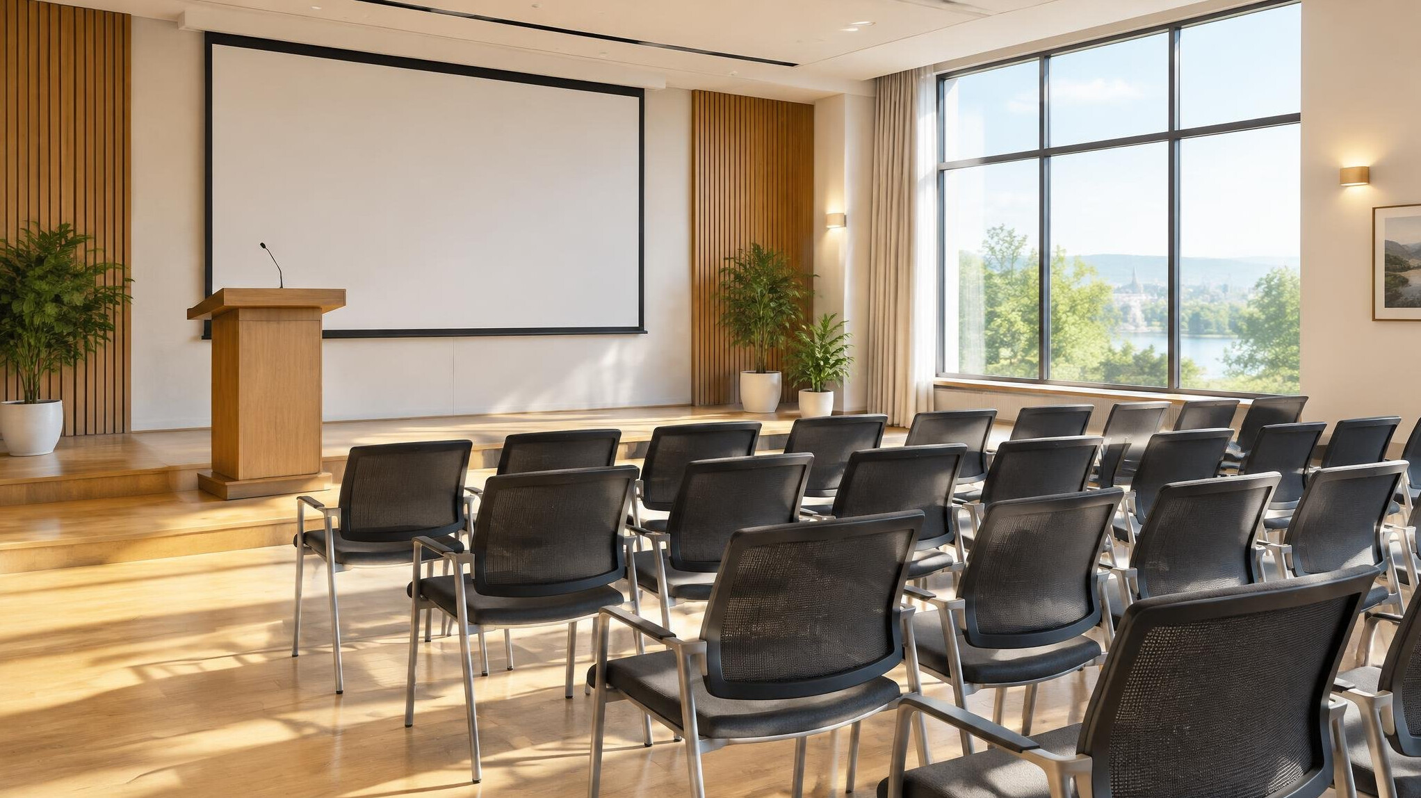 Bright seminar room with rows of chairs and a lectern