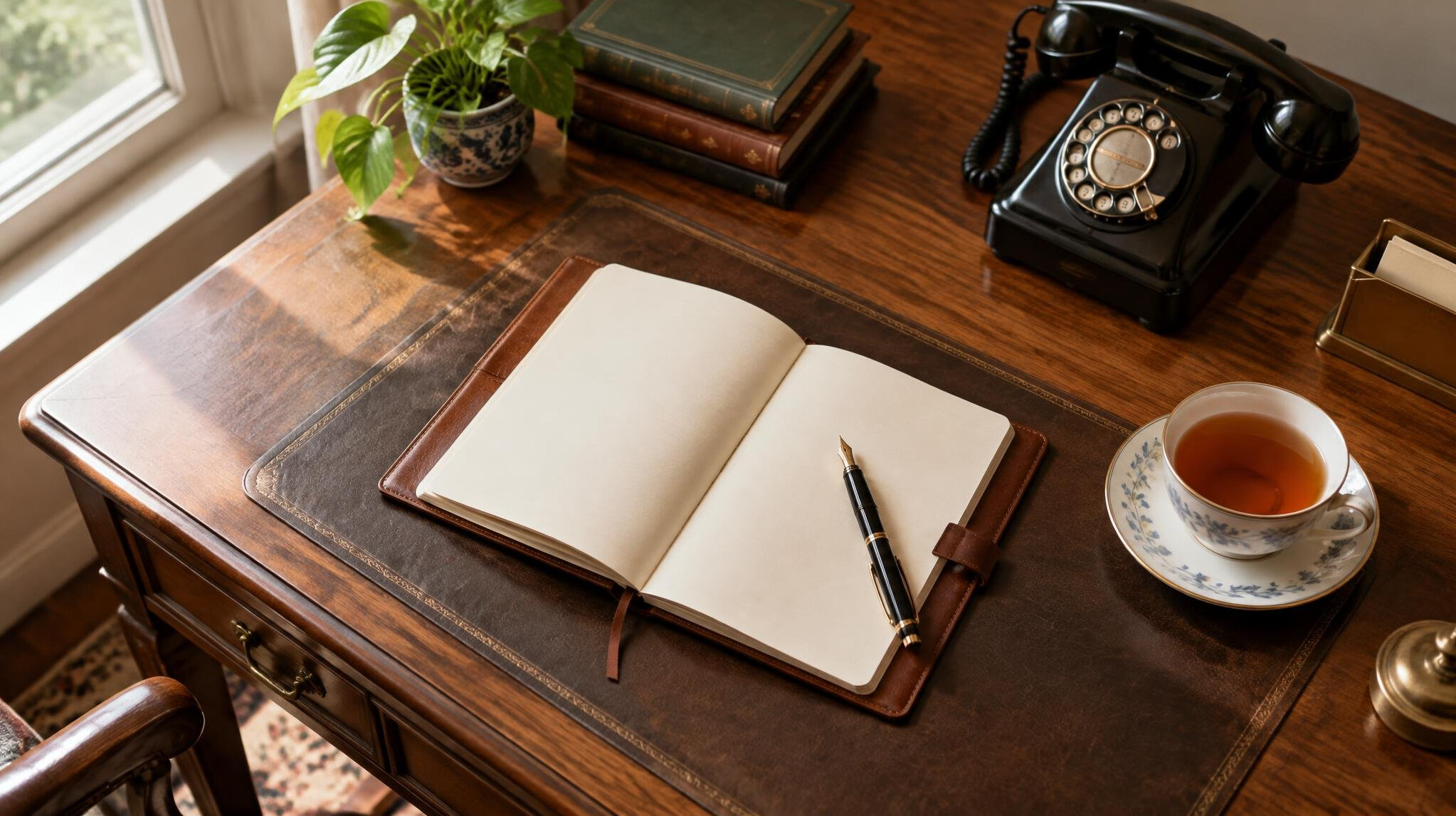 Classic writing desk with notebook, pen and desk telephone